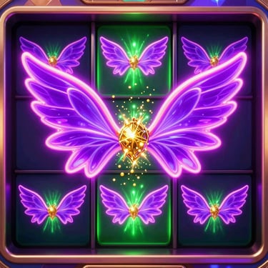 Vibrant 3D render of a magical fairy slot game reel with glowing neon purple wings and sparkling gold particles