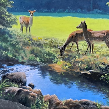 Oil painting of deer by a blue river in a sunlit meadow, atmospheric nature landscape with soft light by TomSi