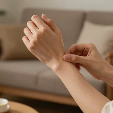 Close-up of a woman's hands gently massaging her own wrist, soft warm lighting, cozy living room setting