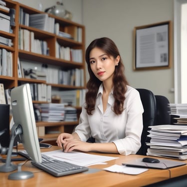 Photo of a confident businesswoman reviewing documents in a bright office.