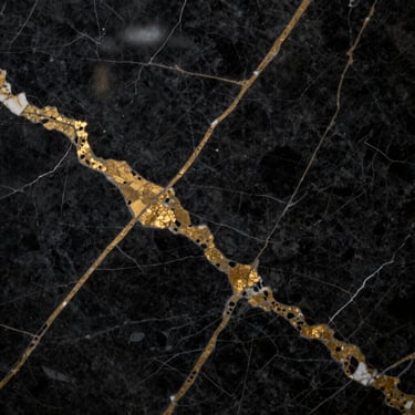 Macro shot of polished black marble slab with striking gold and white veining patterns, low-key lighting, high-contrast luxury finish, 35mm.