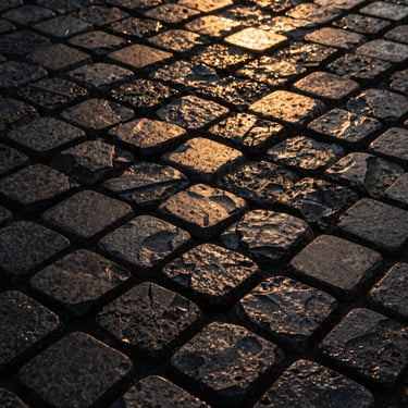 Close-up of tumbled dark grey basalt cobblestones arranged in a tight pattern, wet texture reflecting warm golden sunset light, 35mm.