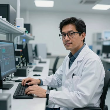 Retrato profesional de un especialista en ciencia de datos peruano en un laboratorio de computación moderno.