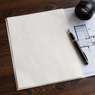 A flat-lay composition of heavy cotton paper, a fountain pen, and architectural blueprints on a dark walnut desk under soft side lighting.