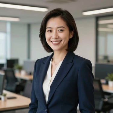 A smiling professional woman in a modern East Asian / Hong Kong / Greater Bay Area office setting, wearing a dark navy blue blazer, exuding trust and satisfaction.