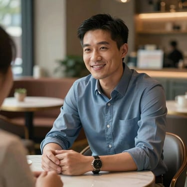 A confident businessman sitting in a modern, upscale East Asian / Hong Kong / Greater Bay Area cafe, wearing a slate blue shirt, looking pleased with a successful consultation.