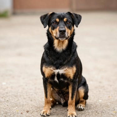 A beautiful black and tan mutt dog sitting in a backyard, looking expressive and hopeful, natural outdoor lighting