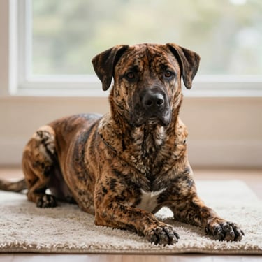 A large majestic brindle dog lying down calmly on a soft rug, looking gentle and relaxed, soft window light