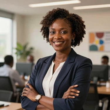 Portrait of a confident West African female educational director in a modern Abidjan office, warm natural lighting, smiling, professional attire.