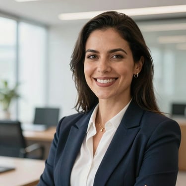 A professional portrait of a woman in business attire, smiling warmly, South American / Brazilian, in a brightly lit modern office setting.