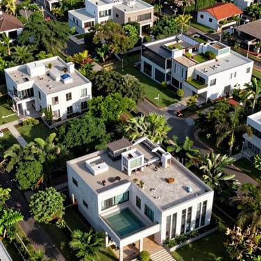 Aerial view of a prestigious gated community in Brazil with lush green landscaping and modern mansions.