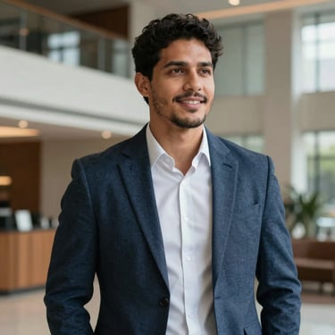 A professional portrait of a man in a smart casual blazer, South American / Brazilian, looking confident and satisfied in a modern building lobby.
