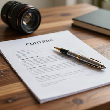 Close-up of a modern property contract and an elegant pen on a wooden desk, soft morning light, South American setting.