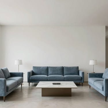 Minimalist interior of a bright Brazilian living room with high ceilings and designer furniture in slate blue and white.