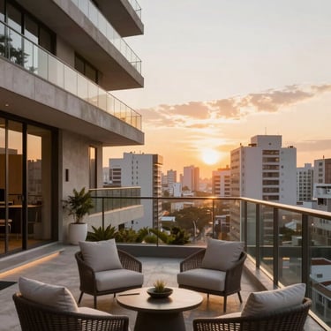 Modern luxury apartment balcony in São Paulo at sunset, high-end outdoor furniture, professional photography.