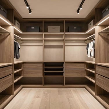 Spacious walk-in closet in a high-end luxury property, organized and elegant lighting, modern design.