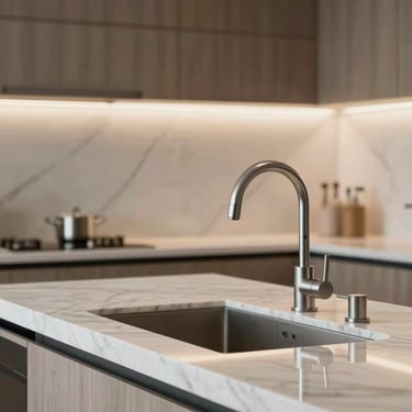 Detail of a designer kitchen with marble countertops and minimalist fixtures in a premium Brazilian apartment.