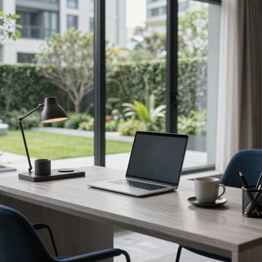 A stylish home office with a view of a modern urban garden, featuring professional decor in light gray and navy.