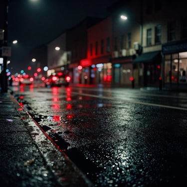 Cinematic low-angle shot of urban streets at night, motion blur, red neon lights reflecting on wet asphalt, 35mm film grain.