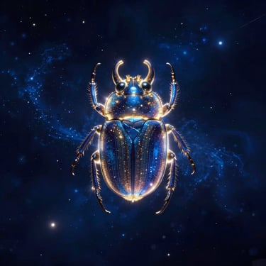 Stylized scarab motif glowing with ethereal backlighting, surrounded by celestial dust, deep cosmic blue.