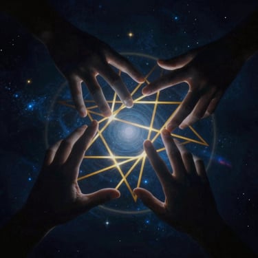 Hands tracing golden geometric patterns against an obsidian backdrop, ethereal lighting.
