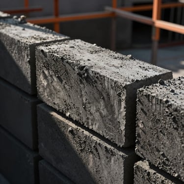 Industrial concrete construction site with active masonry work, dramatic side-lighting, high texture detail