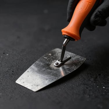 Macro industrial close-up of a professional tiler using a notched trowel, high contrast, orange accents, shallow depth of field