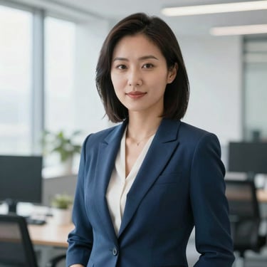 Professional portrait of a female localization director, natural office lighting, professional attire, cool blue tones, sharp focus