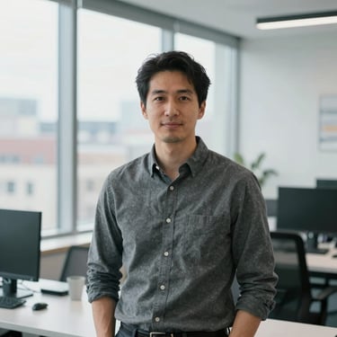 Professional portrait of a male digital strategist in a bright Montreal office, natural window light, cool slate grey tones, 35mm