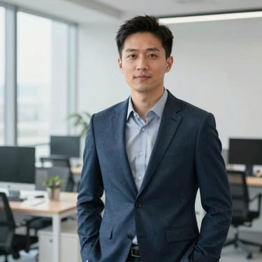 Professional portrait of a male growth marketing expert, clean modern workspace background, natural light, professional, 35mm
