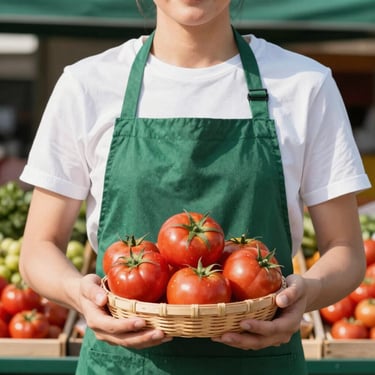 Close-up portrait of a smiling local grocer in a clean green apron, holding a basket of fresh red tomatoes, bright sunlit market background.