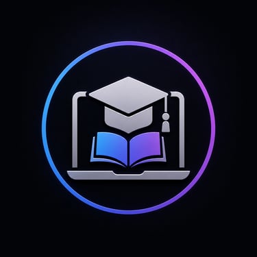 A metallic silver laptop icon with a graduation cap and open book inside a glowing neon circle for online learning.