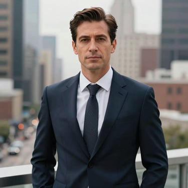 A portrait of a man in professional attire standing on a terrace in a North American / US city, with a sophisticated and soft-focus background.