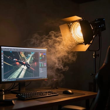 Low-light gaming studio environment, neon amber key light cutting through smoke, professional production monitor visible, square crop.