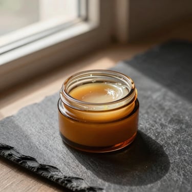 Small amber jar of beard balm on a dark slate surface, warm directional window light from the upper left, close-up product isolation, soft shadow cast to the right, studio-controlled