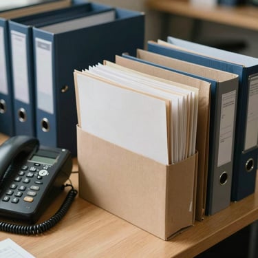 An organized workspace with a telephone and neatly filed folders, emphasizing efficiency and clarity.