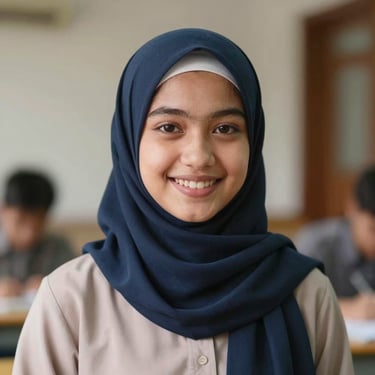 A warm, inviting portrait of a smiling female student wearing a hijab, studying attentively with a laptop in a softly lit room.