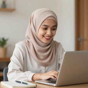 A warm, inviting portrait of a smiling female student wearing a hijab, studying attentively with a laptop in a softly lit room.