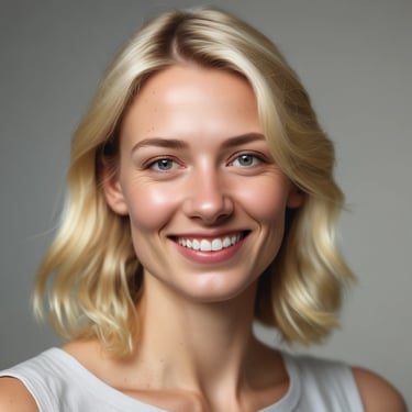 A warm portrait of a smiling woman in a cozy, softly lit room.