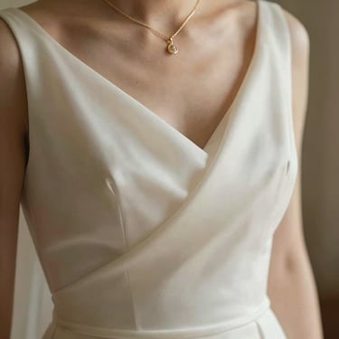 Elegant bridal details, close-up of soft-focus silk draping and delicate gold jewelry, warm natural lighting, refined bridal aesthetic