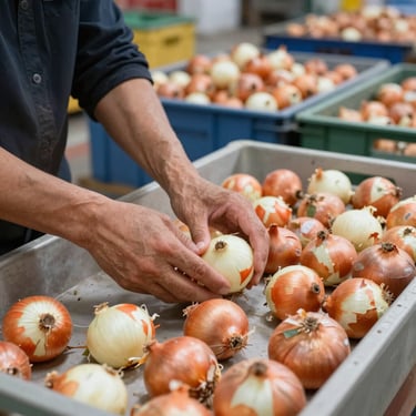 Hands sorting onions on a packing table in a warehouse, industrial lighting, large quantity visible in background bins