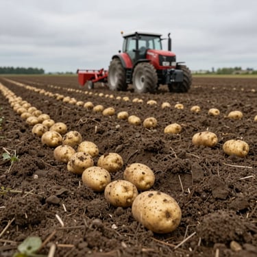 Wide shot of a potato field at harvest, tractor in background, freshly dug potatoes visible in the foreground soil, overcast daylight