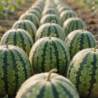 Close-up of watermelons in a row on a field at harvest stage, standing-height framing showing scale and density, warm afternoon light