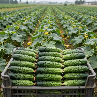 Wide overhead of cucumbers packed in a harvest crate on a field, dense rows of cucumber plants visible in background, natural overcast daylight