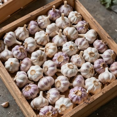 Overhead arrangement of garlic bulbs in a wooden harvest crate, tightly packed, natural overcast daylight, packing shed floor visible