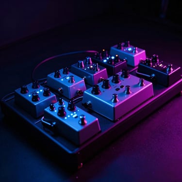 Wide dramatic studio angle of a modern guitar pedalboard glowing with electric-blue LEDs