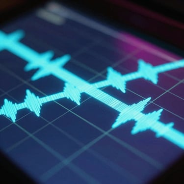 Macro shot of audio waveforms on a digital screen, neon electric-blue under-glow, technical grid overlay