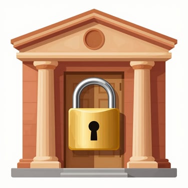 A friendly flat-vector illustration of a secure bank building with a giant golden padlock on the front door, warm terracotta and mustard gold colors, clean white background.