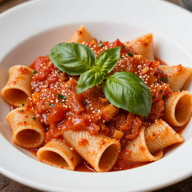 Artfully plated hand-rolled pasta tossed in a rich, vibrant heirloom tomato sauce, garnished with fresh basil leaves.
