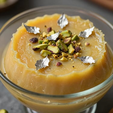 A delicate, multi-layered saffron-infused dessert decorated with edible silver leaf and crushed pistachios, served in a glass bowl.